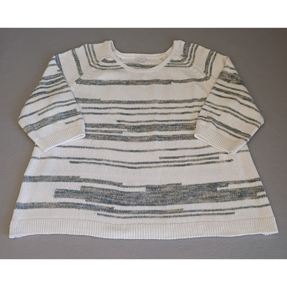 J Jill Pure Jill 2X Sweater Cotton Beachy 3/4 Sleeves Round Neck White Green Tan